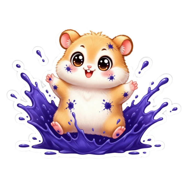 Hammy the ink-covered hamster splashing in a puddle of ink
