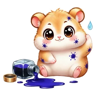 Hammy next to a spilled ink bottle